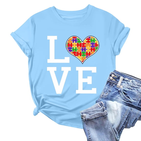 Sakmal Autism Awareness Shirts for Women Crew Neck Short Sleeve Asd Love Relaxed Fit Casual Summer Tops 2025