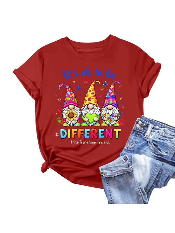 Autism Awareness Women's T Shirts Crew Neck Asd Short Sleeve It's Ok To Be Different Relaxed Fit Casual Womens Summer Outfits