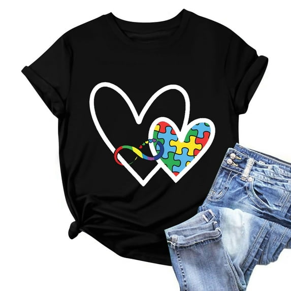 Sakmal Autism Awareness Women's T Shirts Heart Asd Short Sleeve Crew Neck Casual Relaxed Fit Black Summer Tops Trendy