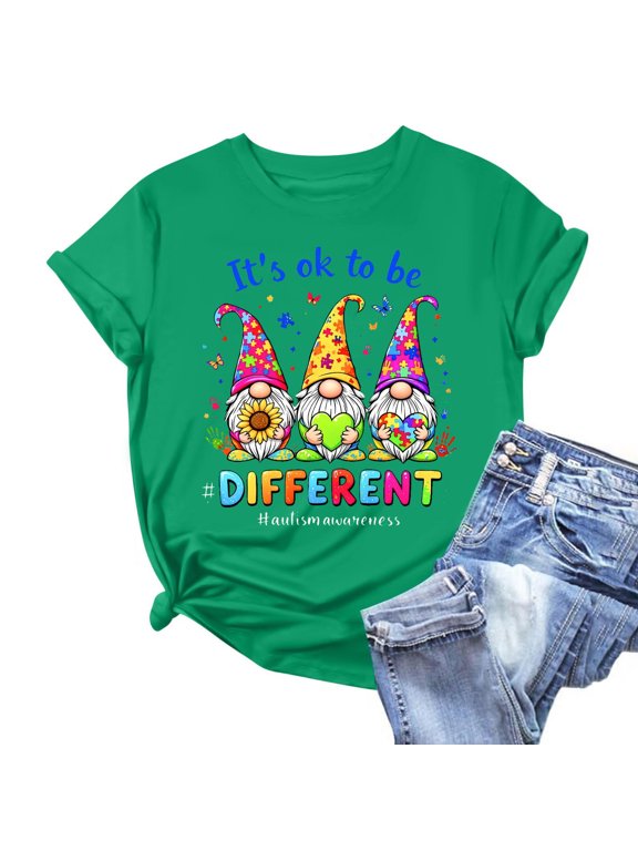 Autism Awareness Workout Shirts Women Short Sleeve It's Ok To Be Different Asd Crew Neck Relaxed Fit Casual Workout Tops for Women