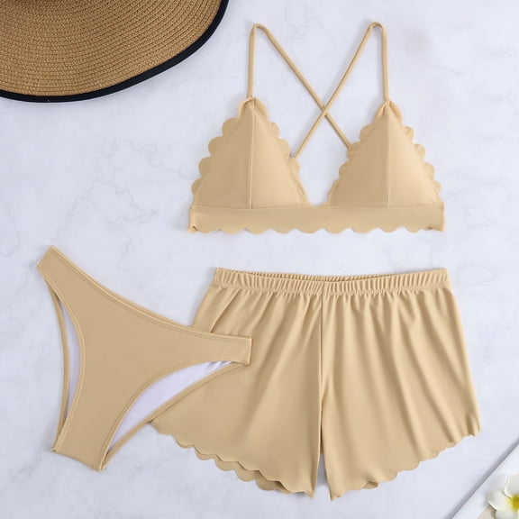 Sakmal Back Smoothing Womens Bikini Sets Plus Size 3 Piece Swimwear Summer Beige Solid Womens Swimsuits XL