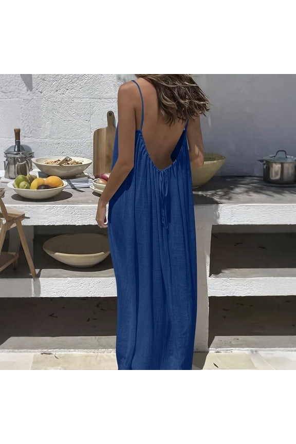 Backless Cami Dresses Womens Maxi Beach Mumu House Dress Blue Sleeveless Crew Neck Womens Sundress 2XL