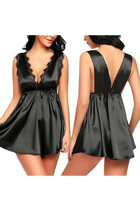Backless Chemise Nightgowns for Women Black Playful Lightweight Nightwear V-Neck Lace Short Sleeveless Chemises S-4XL