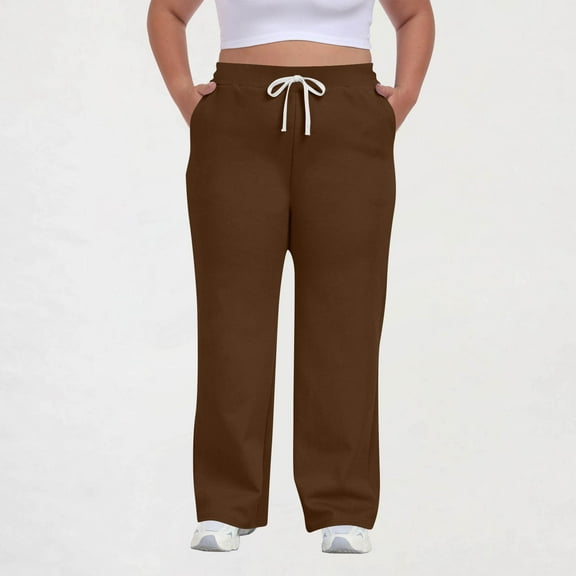 Sakmal Plus Size Sweatpants Women Wide Leg Drawstring Boyfriend Pants Brown Stretchy Solid Elastic Waist Sweatpants for Women XXL