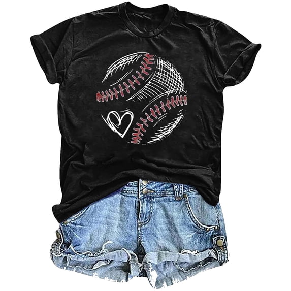 Sakmal Baseball Mom T Shirts Crew Neck Short Sleeve Baseball Heart Graphic Baseball Shirts Black T-Shirts Going Out Tops for Women