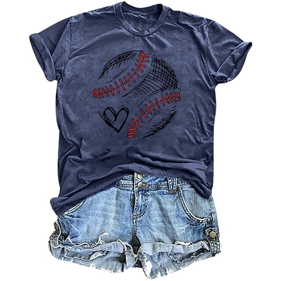 Sakmal Baseball Mom T Shirts for Women Loose Fit Baseball Crew Neck Short Sleeve Baseball Heart Graphic Shirts T-Shirts Summer Outfits for Women