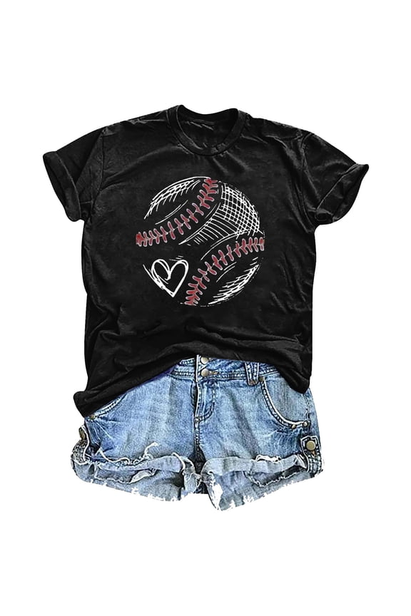 Baseball Shirts for Women Short Sleeve Crew Neck Baseball Heart Graphic Baseball Mom Shirts Black T-Shirts Going Out Tops