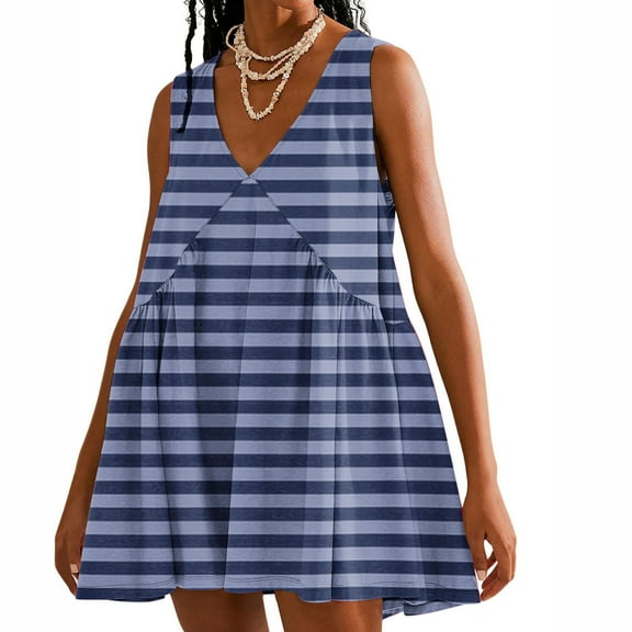 Sakmal Basic Dresses for Women Elegant Striped Sleeveless Blue Comfort Fit Mid-Length Slip Dress