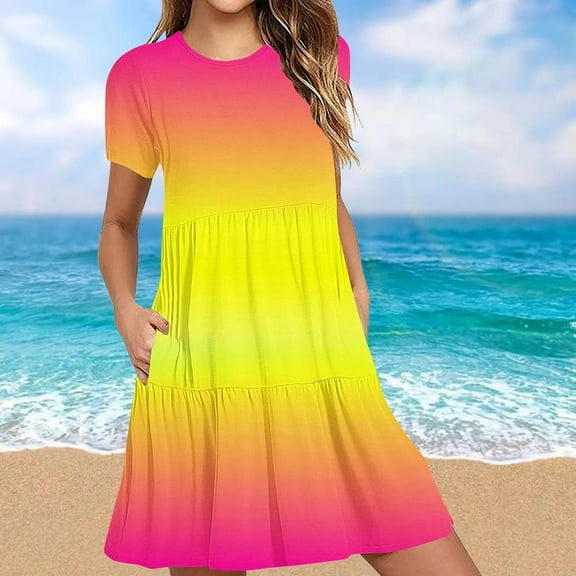 Sakmal Basic Summer Dresses for Women Under $10 with Pocket Gradient Loose Fit Yellow Comfort Fit Short Sleeve Long Sundress