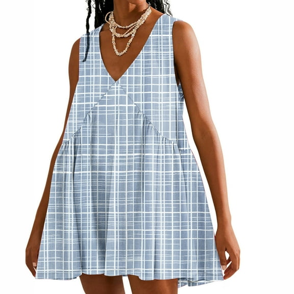 Sakmal Basic Womens Summer Dresses Plaid Comfort Fit Sleeveless Blue Mid-Length Slip Dress