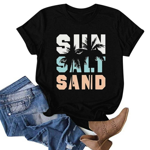 Sakmal Beach Tee Crew Neck Short Sleeve Hawaiian Tropical Shirts Black Going Out Tops for Women