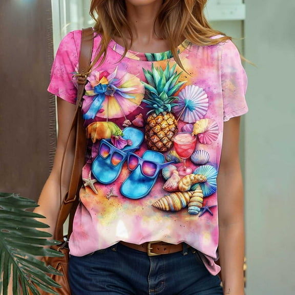 Sakmal Beach Tee Hawaiian Tropical Short Sleeve Crew Neck Shirts Spring Outfits for Women 2025