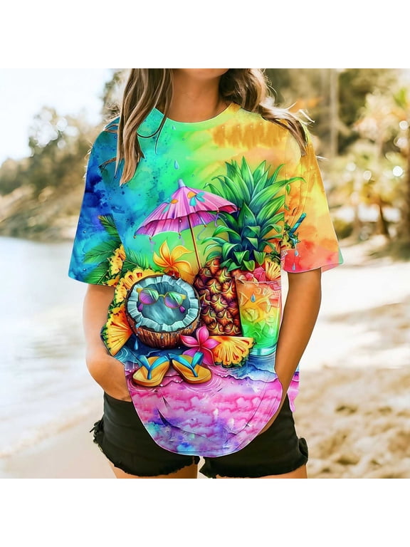 Beach Tees for Women Short Sleeve Hawaiian Crew Neck Tropical Shirts Womens Summer Tops