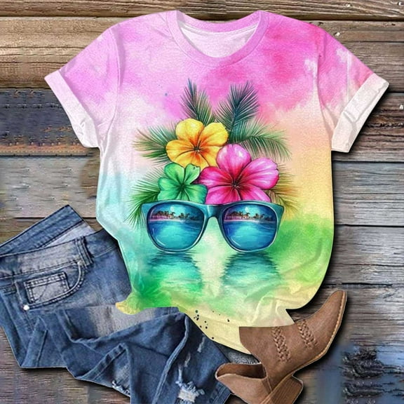 Sakmal Beach Tees for Women Short Sleeve Tropical Crew Neck Hawaiian Shirts Summer Outfits for Women