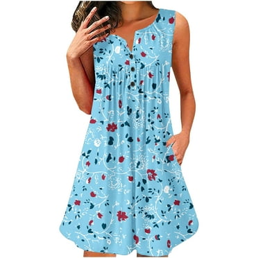 Sakmal Beach Womens Dresses Spring Blue Sundress Mini Casual Dress Floral Sleeveless V Neck Dresses