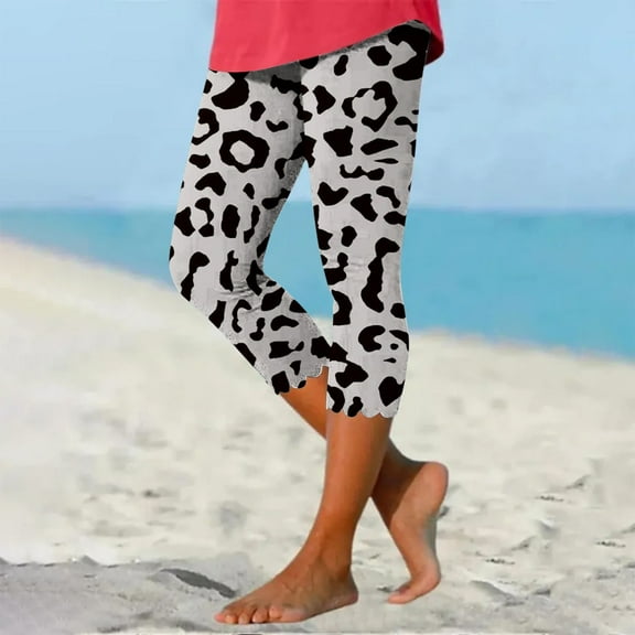 Sakmal Beach Womens Pants Cropped Pleated Slim Leg Leggings 7/8th Leopard Print Gray High Waisted Pants with Pockets