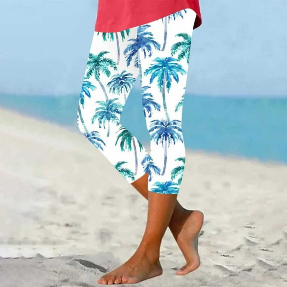 Sakmal Beach Womens Pants Tropical Slim Leg Cropped Mid Rise Hawaiian Elastic Waist Capris