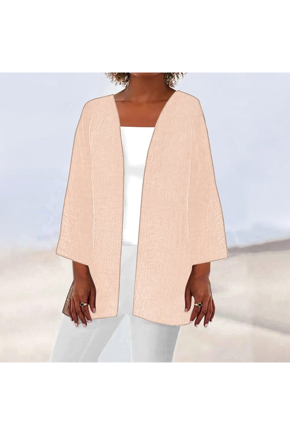 Beige Coats for Women Plus Size Elbow-Length Cover-Up Flowy Cardigan Loose Fit Solid Ladies Jackets