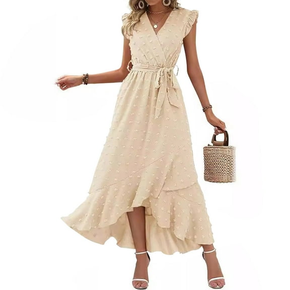 Sakmal Beige Dresses for Women Elegant Maxi V-Neck Solid Short Sleeve Asymmetrical Opening Ruffle A-Line Dress