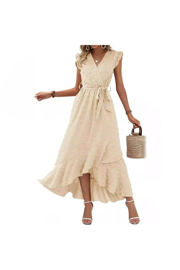Beige Dresses for Women Elegant Maxi V-Neck Solid Short Sleeve Asymmetrical Opening Ruffle A-Line Dress