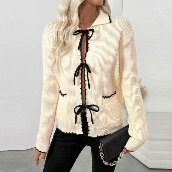 Sakmal Beige Fall Sweaters for Women Tie Front Pullover Cozy Ribbed Tops Long Sleeve V Neck Trendy Sweaters with Pockets