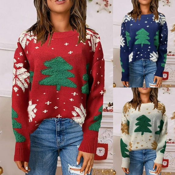 Sakmal Beige Ladies Sweaters Christmas Ugly Holiday Oversized Christmas Trees Print Crew Neck Knitted Sweaters for Women L