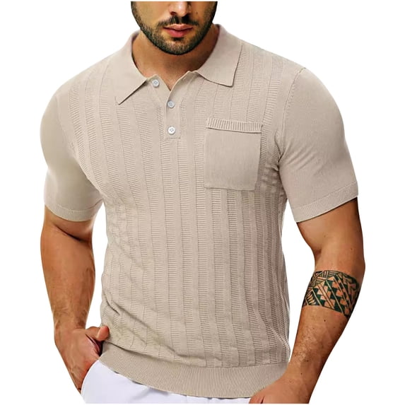 Sakmal Beige Men'S T-Shirts Halter Short Sleeve Solid with Pockets Classic Henley Style Three Button Henley Closure Plus Size Tops for Men