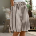 thumbnail image 1 of Sakmal Beige Shorts for Women Casual Wide Leg Drawstring Bermuda High Waisted Striped Shorts with Pockets, 1 of 9