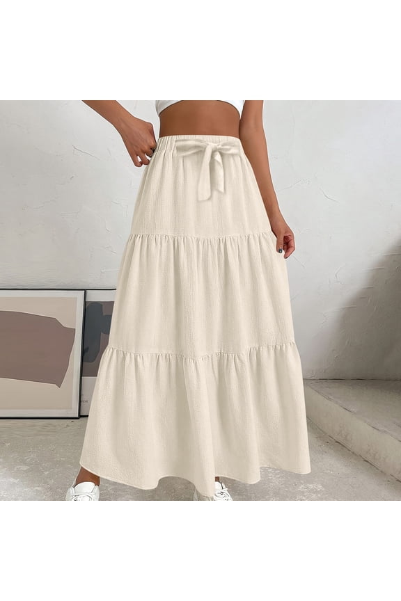 Beige Skirt Women's Drawstring Ruffle Maxi Flutter Solid Tiered Skirts for Women