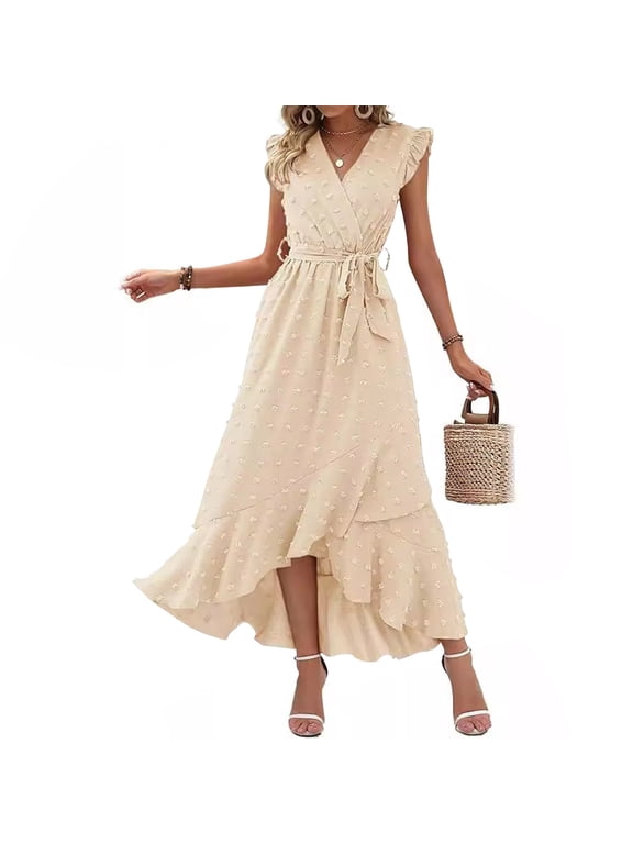 Beige Summer Dresses Maxi V-Neck Solid Opening Short Sleeve Asymmetrical Ruffle A-Line Dress