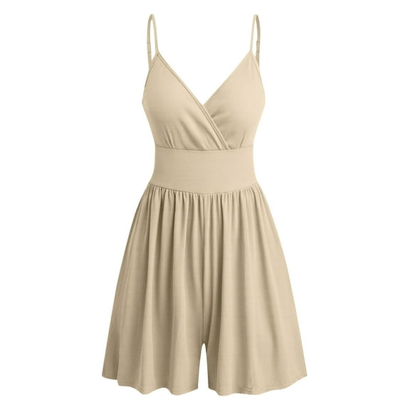 Sakmal Beige Womens Rompers for Summer Deep V Neck Sleeveless Pajama Sexy Short Jumpsuits Solid Rompers