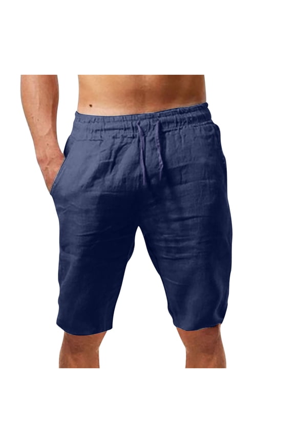 Bermuda Mens Shorts Cotton Linen Knee Length Stretch Solid 9 Inch Blue Vacation Mens Shorts S