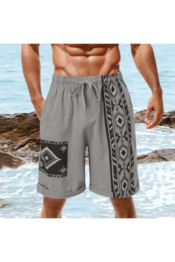 Bermuda Shorts Men Knee Length Board Cotton Linen Elastic Waist Drawstring Gray 9 Inch Graphic Shorts for Men L