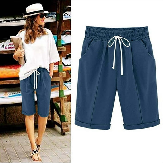 Sakmal Bermuda Shorts Women Khaki Blue Cotton Linen Solid 9" High Waisted Shorts with Pockets