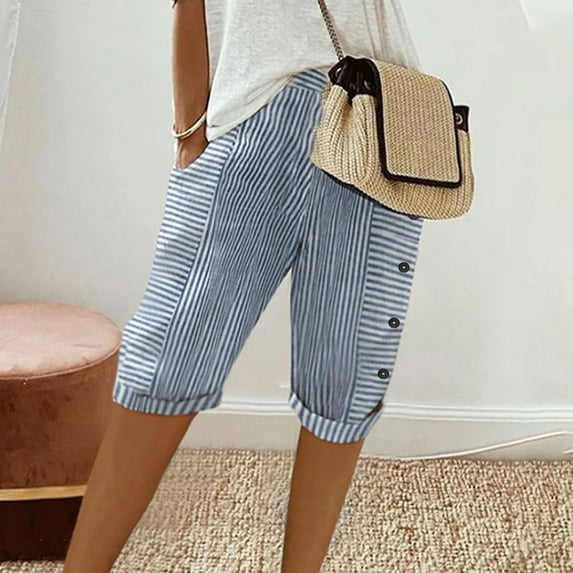 Sakmal Bermuda Shorts Women's Patchwork Striped Knee Length Cotton Shorts with Pockets