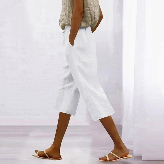 Sakmal Bermuda Shorts for Women Casual Capris White Cotton Linen High Waisted Shorts with Pockets