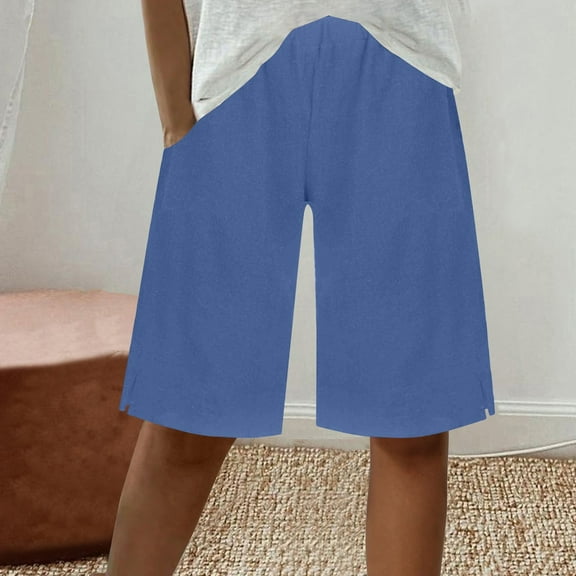 Sakmal Bermuda Shorts for Women Casual Cotton Linen Blue Daily Solid Mid Rise 9" Shorts with Pockets