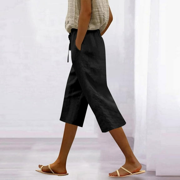 Sakmal Bermuda Shorts for Women Summer Black Capris Cotton Linen High Waisted Shorts with Pockets