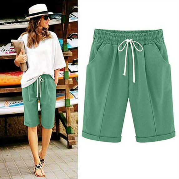 Sakmal Bermuda Women's Shorts Khaki Green Cotton Linen High Waisted Solid 9" Shorts with Pockets