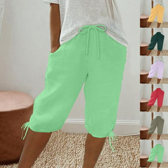 Sakmal Bermuda Womens Shorts Chino Cotton and Linen Knee Length Green 12" High Waisted Shorts with Pockets