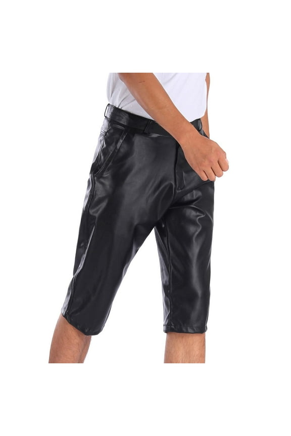 Big and Tall Shorts Men Leather Casual Black Beach Solid 7 Inch Mens Shorts 4XL