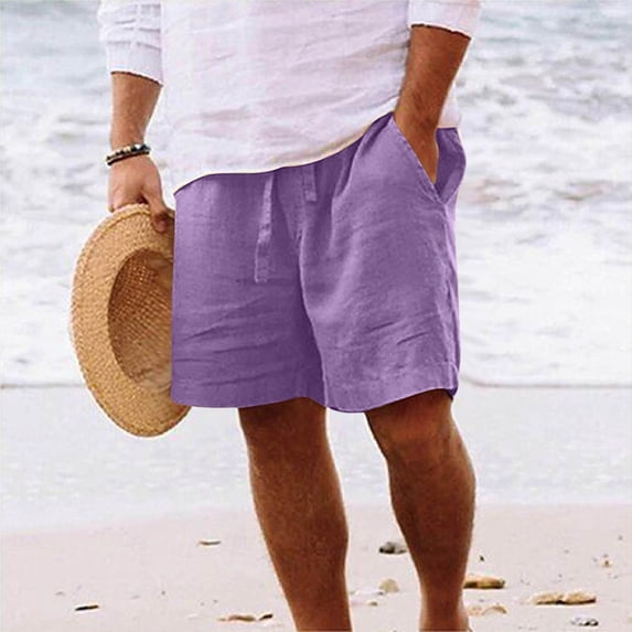 Sakmal Shorts for Men Bermuda Cotton Linen Knee Length Stretch Summer Purple 9 Inch Solid Shorts for Men 4XL