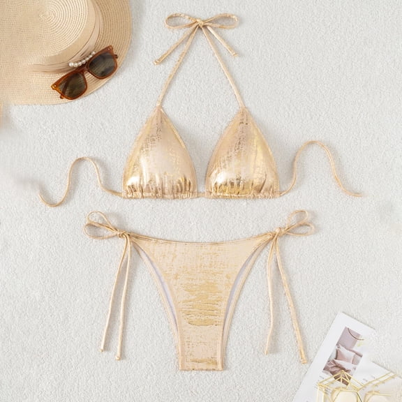 Sakmal Bikini Btahing Suits Women Push Up Halter Plus Size Swimwear Gold Solid Tropical Swimsuits for Women S