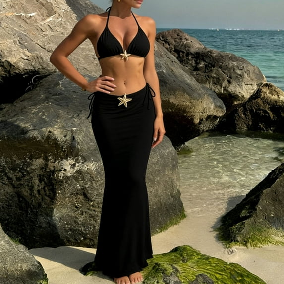 Sakmal Bikini Btahing Suits for Women 3 Piece Padded High Waisted Swimwear Vacation Black Solid Womens Bathing Suits M