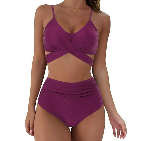 Sakmal Bikini Sets for Women Purple Two Piece Twist Front High Waisted Bathing Suits Triangle Push Up Swimsuit Sets