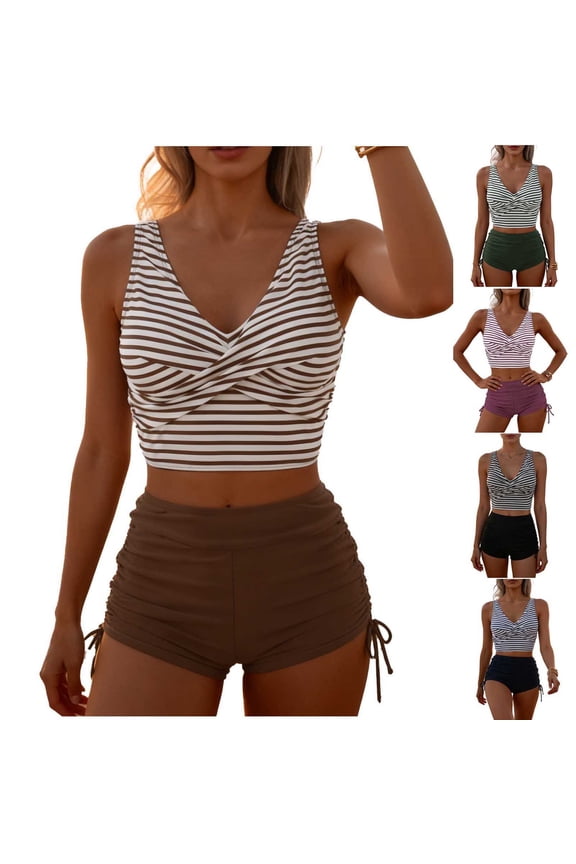 Bikini Swimsuits Women Extra Lift Tummy Control Swimwear Hawaiian Green Striped Womens Swimsuits L