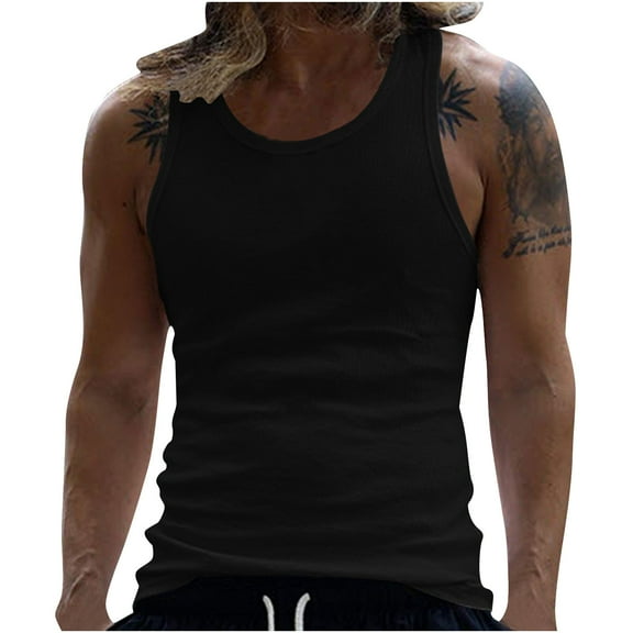 Sakmal Black Big and Tall Tank Tops for Men Black Crew Neck Breathable Solid Muscle Camisole Workout Mens Sleeveless Tee Shirts