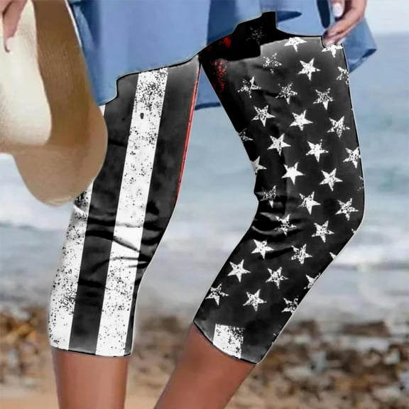 Sakmal Black Capri Pants for Women 4Th of July Slim Leg Lightweight Cropped High Waisted Stars Capris