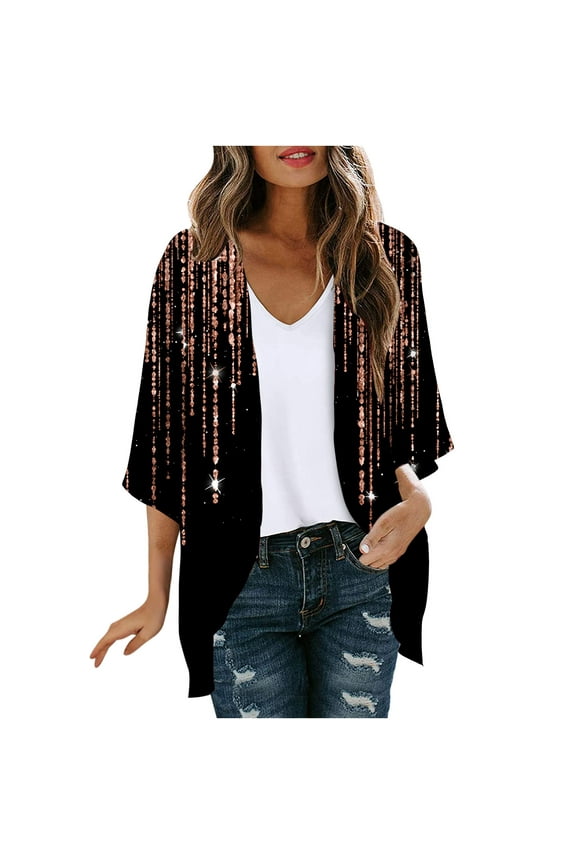 Black Coats for Women Plus Size Cover-Up Elbow-Length Lightweight Glitter Cardigan Flowy Comfy Chiffon Jackets for Girls