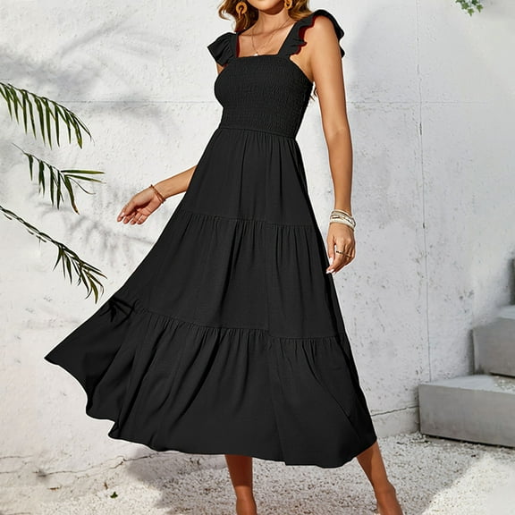 Sakmal Black Dresses for Women 2024 Casual Spring Square Neckline Long Solid Pleated Sleeveless Ruffle A-Line Dress